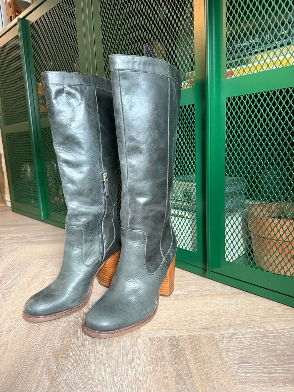Tall Leather Knee-High Boots in Gray